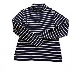 LL BEAN Vintage Navy/White Striped 100% Cotton Ribbed 1/4 Zip Wms SZ M Nautical